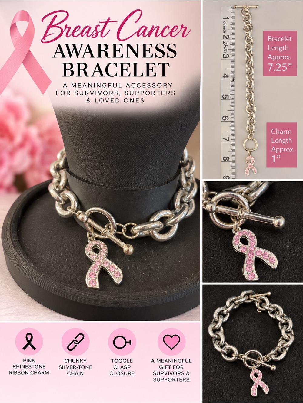 Pink Rhinestone Breast Cancer Awareness Ribbon Toggle Bracelet in Silver Tone